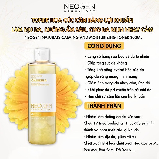 Nước Hoa Hồng Toner Hoa Cúc Cân Bằng Làm Dịu Da, Cấp Ẩm Cho Da Mụn Neogen Calendula 300ml