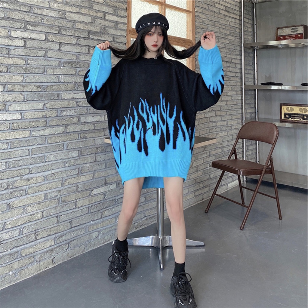 calcutta Áo sweater dệt kim chui đầu cổ tròn dáng rộng màu sắc lửa cho nữ