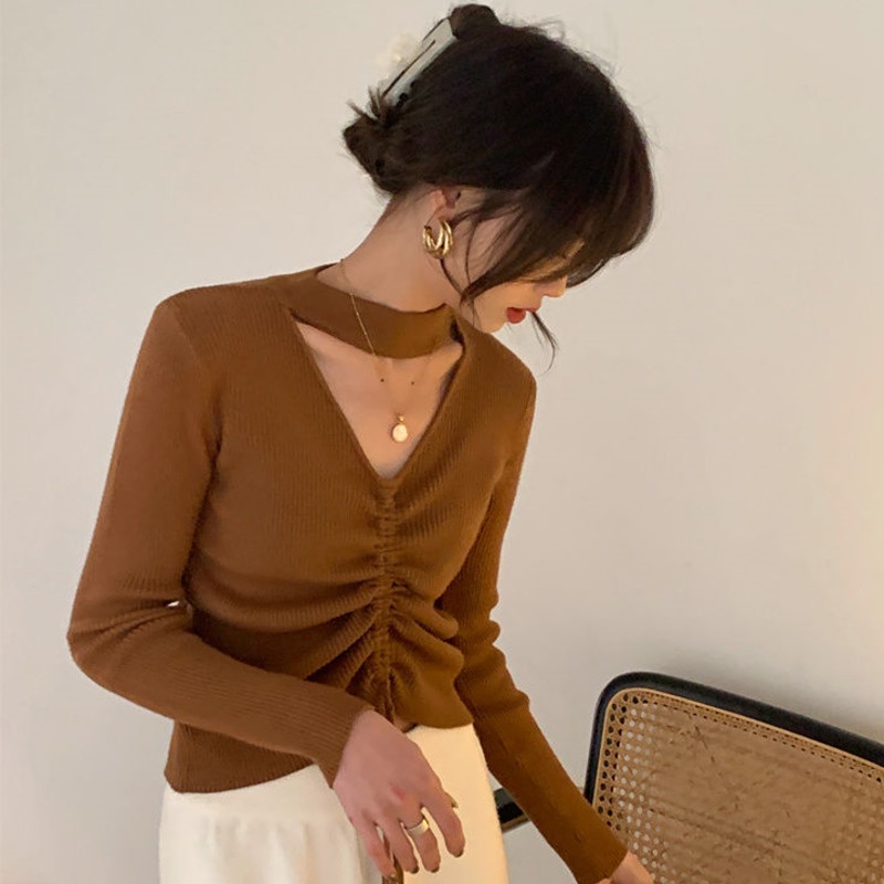 Áo Sweater Dệt Kim Mỏng Tay Dài Cổ Chữ V Màu Sắc Đơn Giản Phong Cách Hàn Quốc Cho Nữ