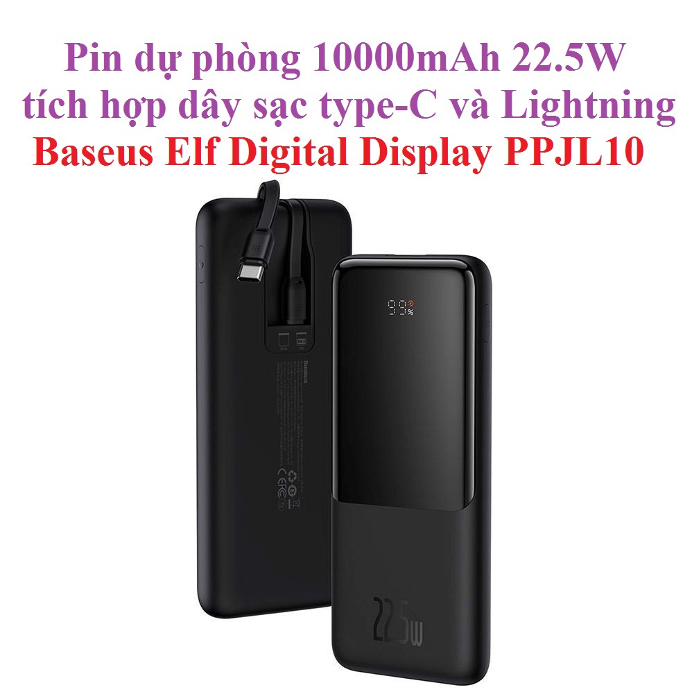 Pin dự phòng 10000mAh 22.5W tích hợp dây sạc type-C và Lightning Baseus Elf Digital Display PPJL10