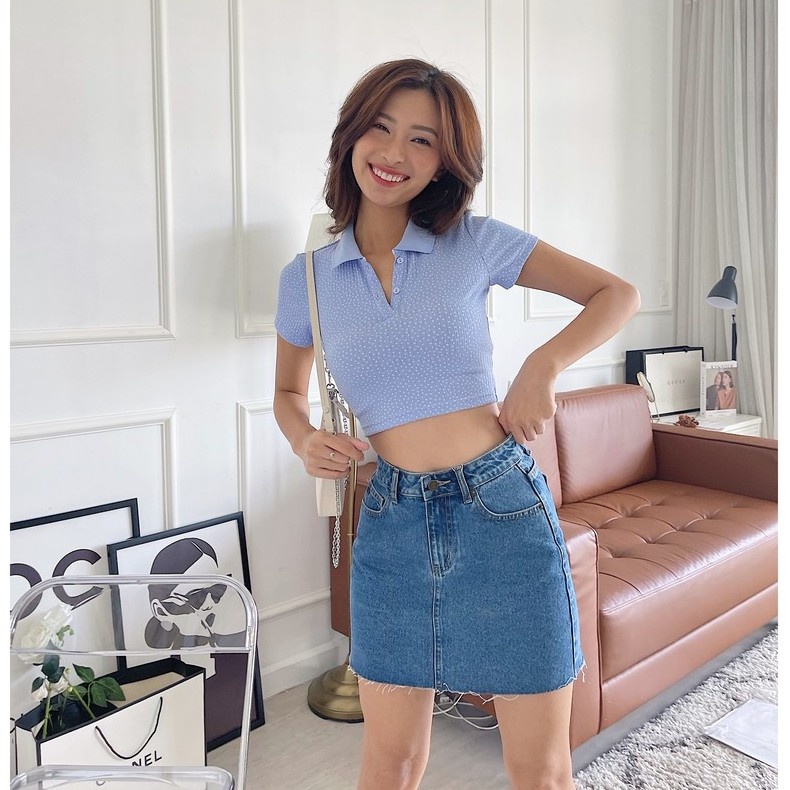 Áo croptop thun HEYBEE có cổ siêu co giãn, màu xanh chấm bi dễ thương - RAINA CROPTOP HT673