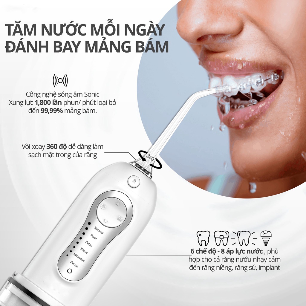 Tăm nước Portable Oral Irrigator chân ái của niềng răng, không gây tổn thương nướu ( nguyên bản máy halio )