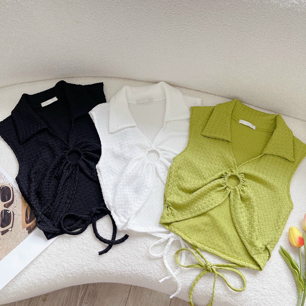 Áo thun croptop ba lỗ cổ bẻ kiểu khoen ngực xinh buộc dây chất thun xốp hột
