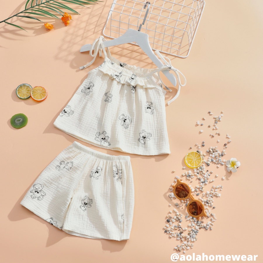 Bộ xô muslin cho bé gái áo hai dây mặc hè mềm mát Áo Lá Homewear MUHD22