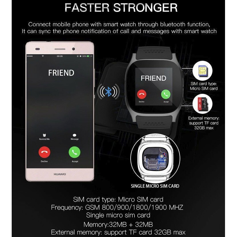 Smart Horloge met Camera Touch Screen T8 Bluetooth Slimme Horloge Ondersteuning SIM en TF card Camer