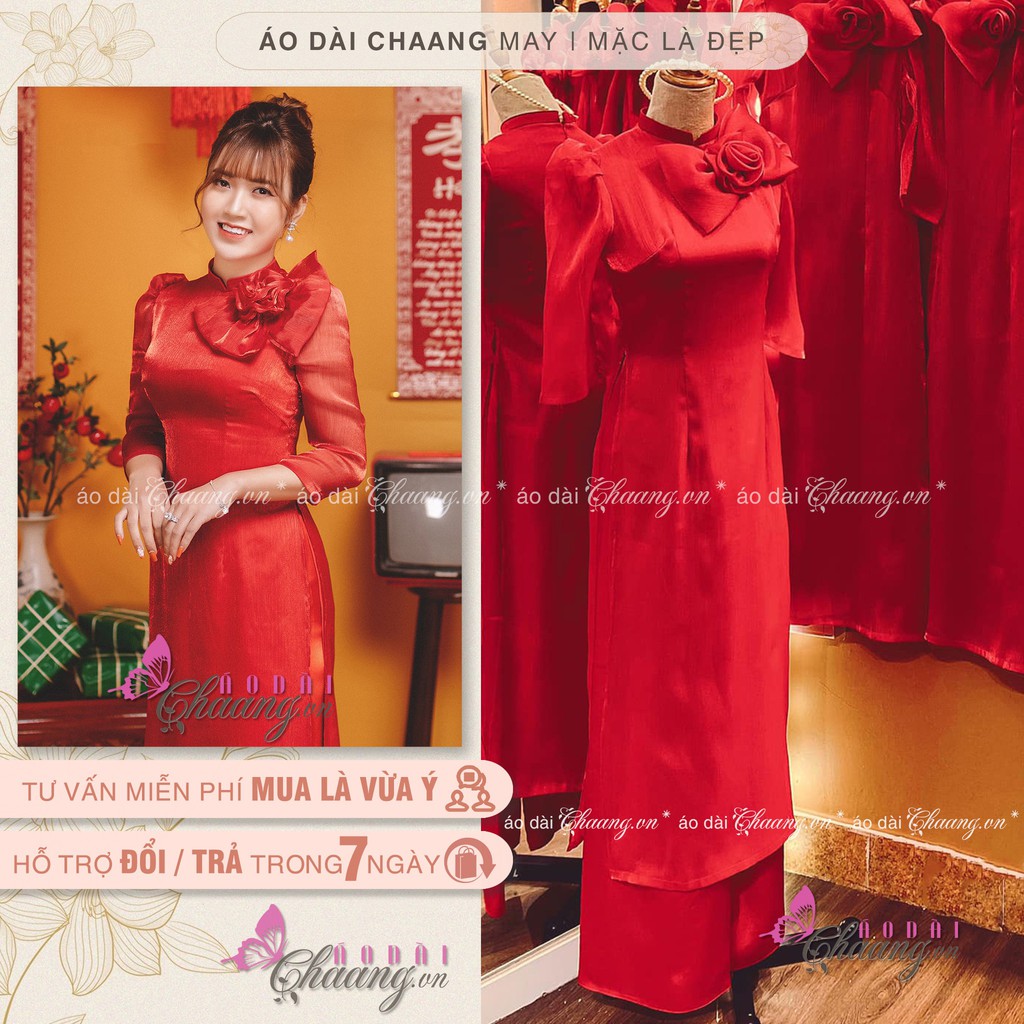 Áo Dài Tết Cách Tân Nữ 4 Tà Lụa Tơ Kim Đỏ Da Hồng Đính Nơ Hoa Thủ Công Dự Tiệc Du Xuân Đẹp