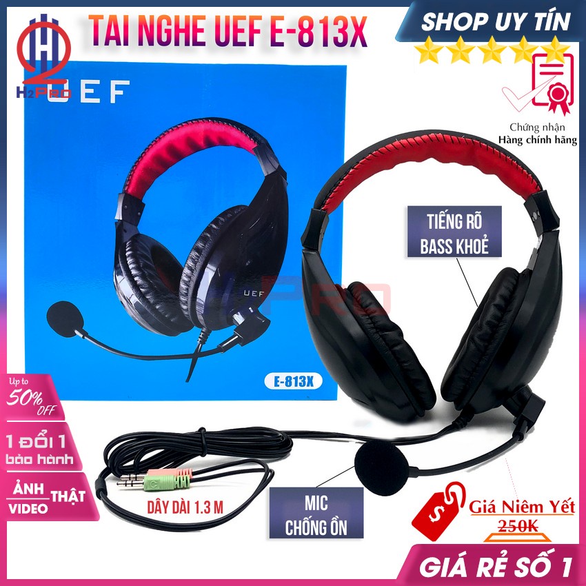 Tai Nghe Chụp Gaming, Tai Nghe Chụp Tai Có Dây UEF E-813X Cao Cấp Có Micro, Chống Ồn-Bass Khoẻ, Dây Dài 1.3M-H2Pro Audio
