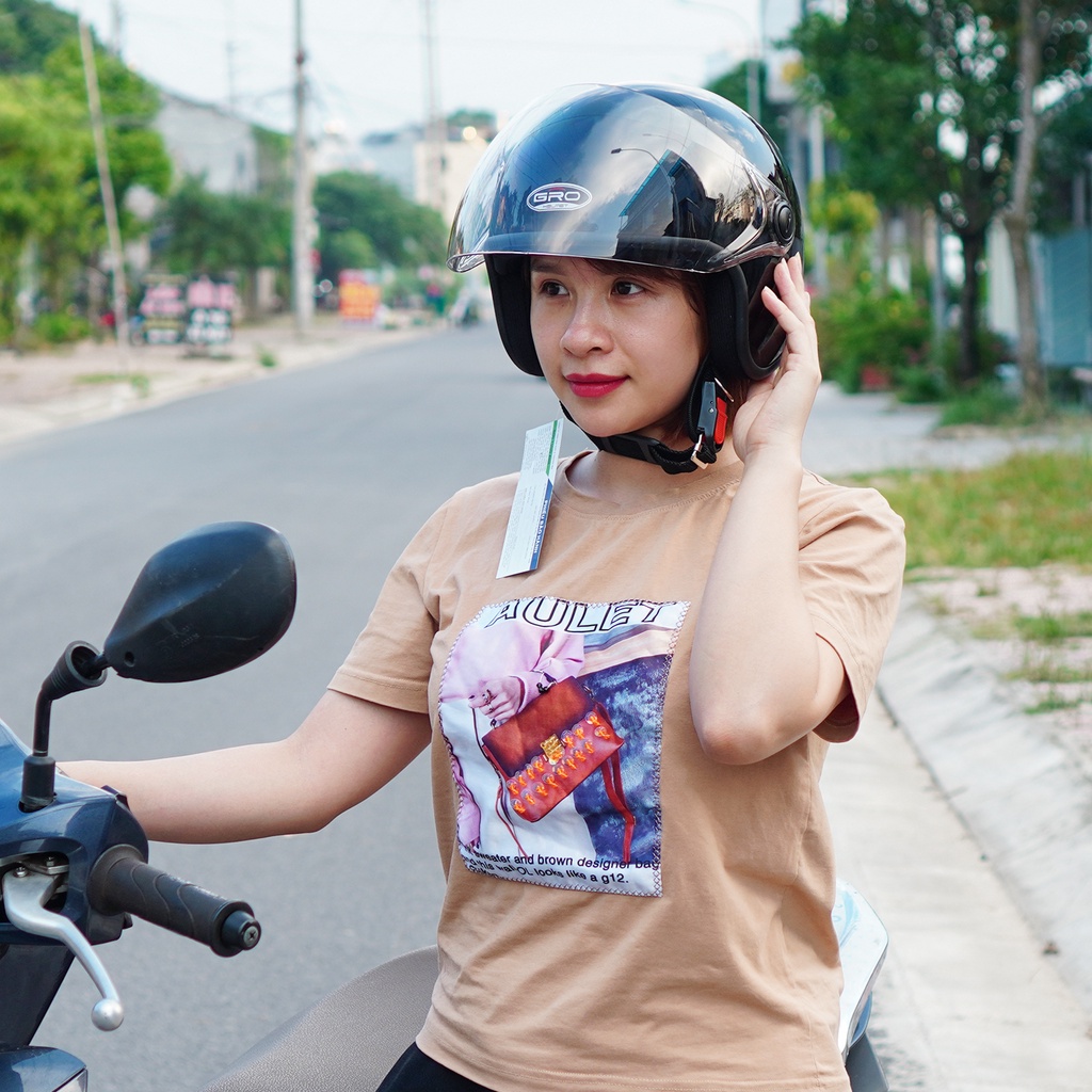 Mũ Bảo Hiểm 3/4 đầu GRO Helmet T818 có kính dài che cả mặt, kiểu dáng thời trang cho nữ, khóa kim loại - Đen Nhám