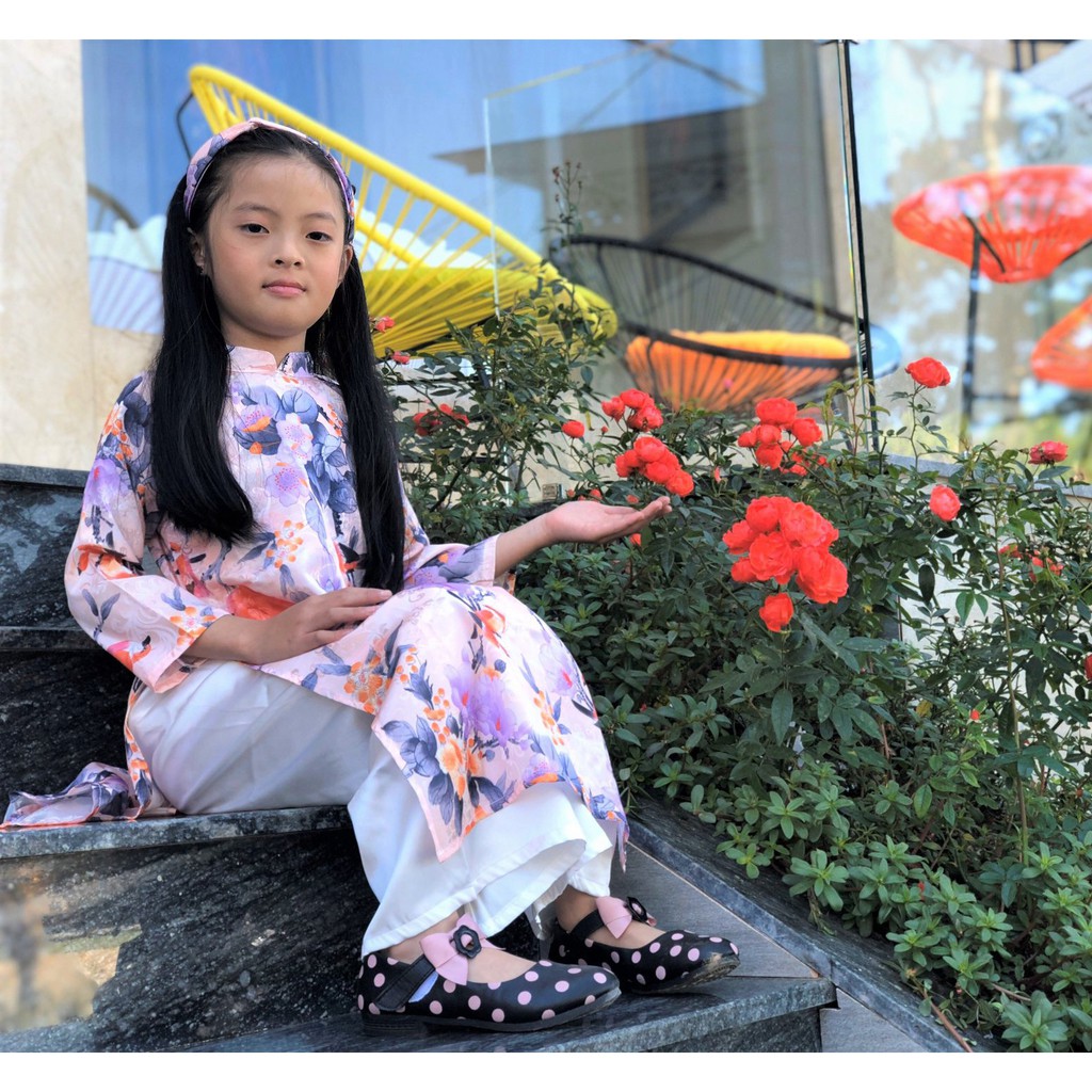 Áo Dài Cho Bé Gái Vải Gấm Họa Tiết (CHƯA CÓ QUẦN)