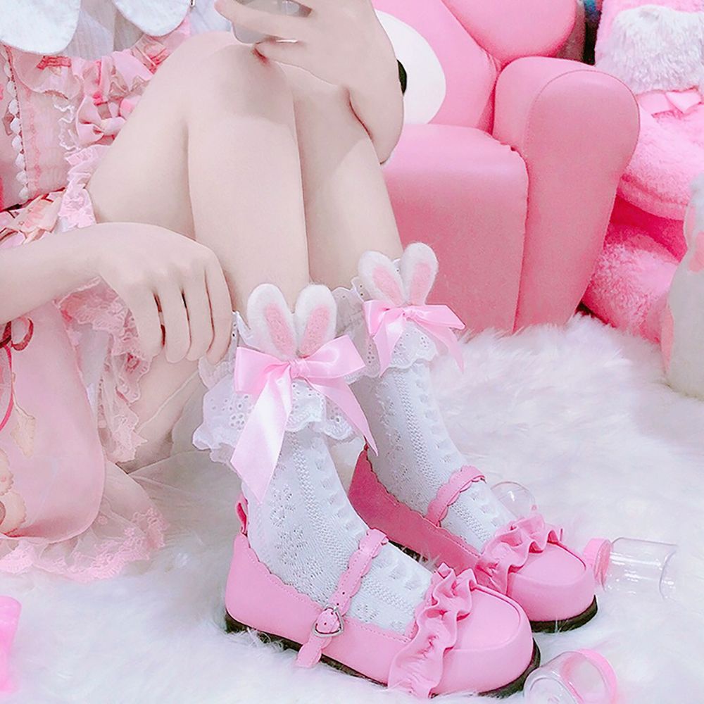 Vớ Lolita phối bèo và ren rỗng hình trái tim trang trí hình tai thỏ thoáng khí mềm mại đáng yêu dành cho bạn nữ