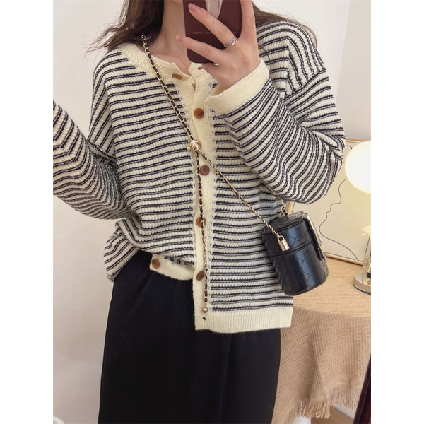 Áo len cardigan NZN tay dài cổ tròn họa tiết kẻ sọc phong cách Hàn Quốc thời trang mùa thu cho nữ