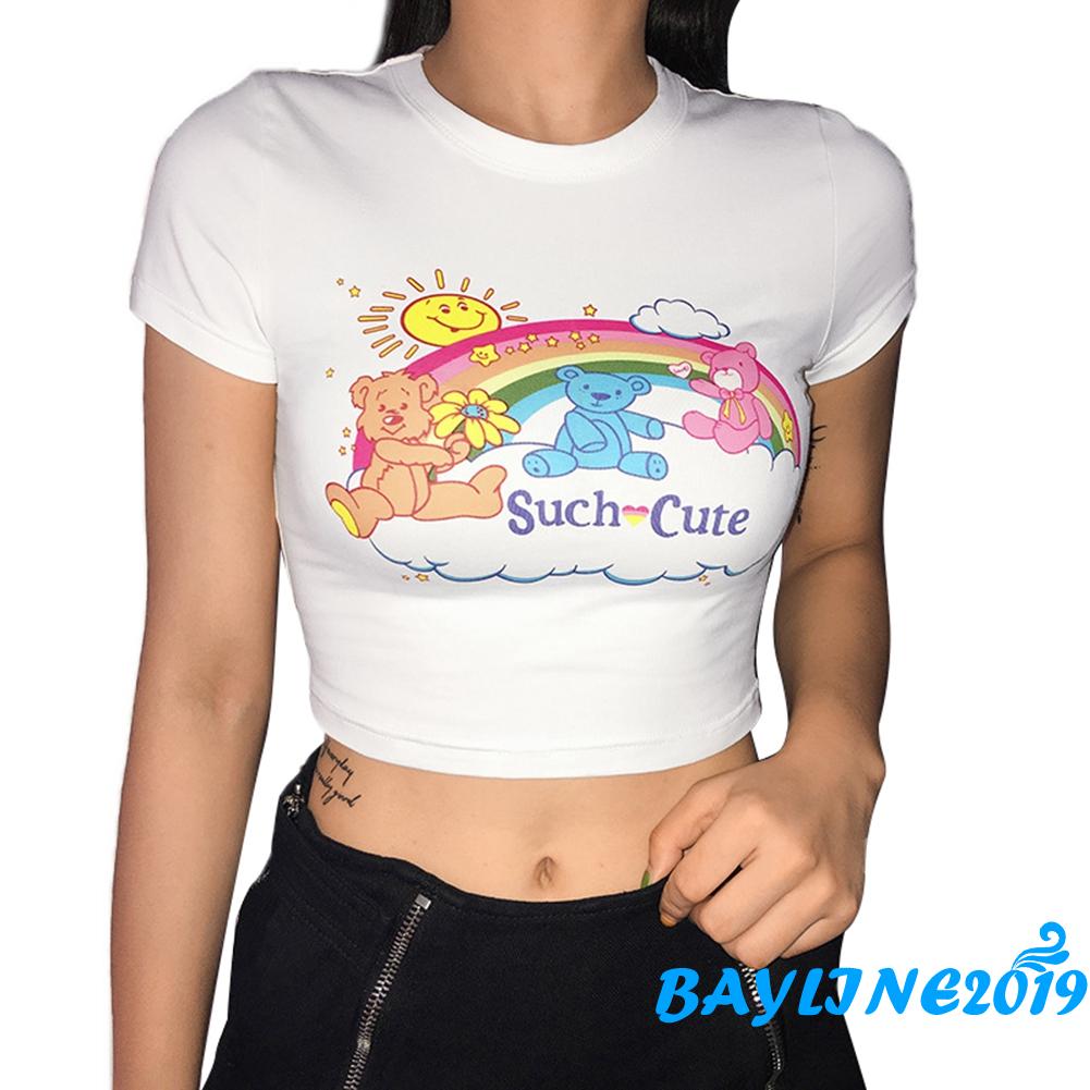 Áo Croptop Tay Ngắn In Hình Cầu Vồng Dễ Thương Cho Bạn Nữ