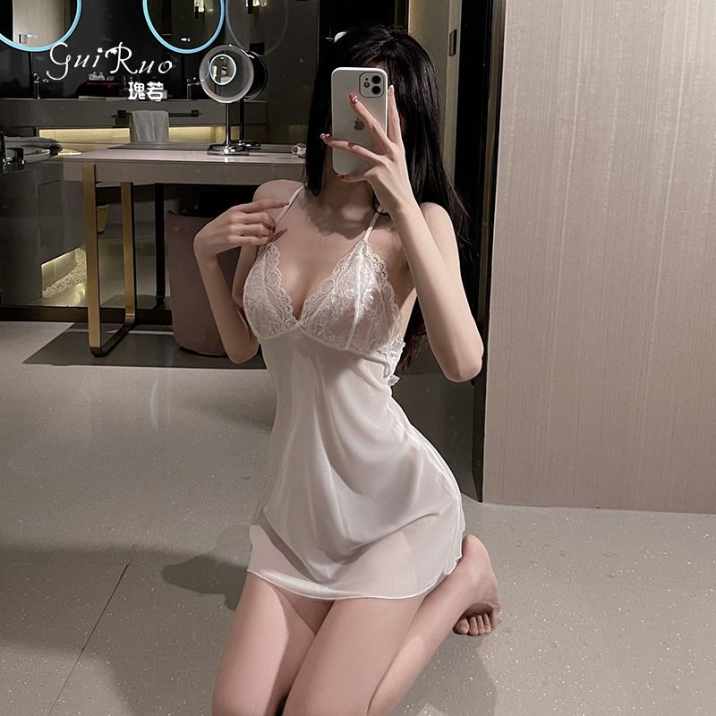 Váy ngủ voan phối ren xuyên thấu sexy dây mảnh đan chéo lưng gợi cảm THE CELYNBRA - V35