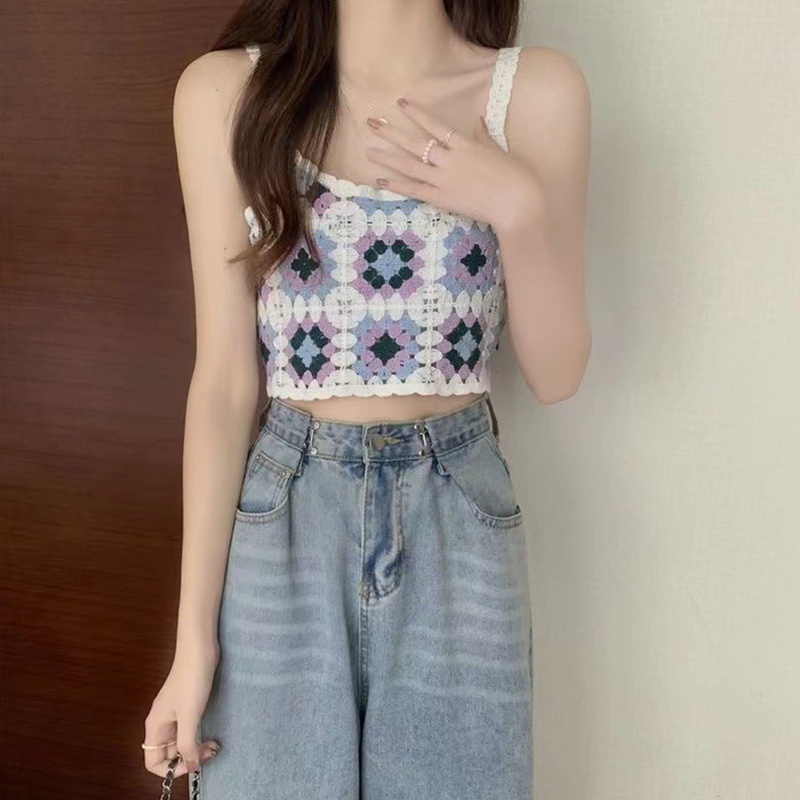 Áo Croptop Dệt Kim Không Tay Họa Tiết Hoa Nhiều Màu Sắc Thời Trang Mùa Hè Cho Nữ