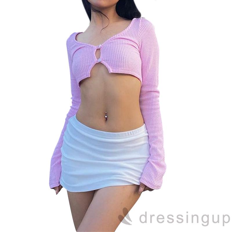 Áo Croptop Tay Dài Cổ Chữ V Phối Nút Màu Sắc Đơn Giản Cho Nữ