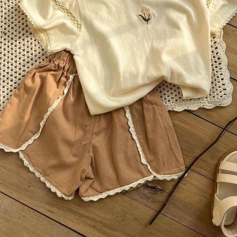 Set Đồ Mùa Hè 5 Món Gồm Áo Tay Cộc Và Quần Ngắn Thêu Họa Tiết Phong Cách Hàn Quốc Hợp Thời Trang Cho Bé Gái