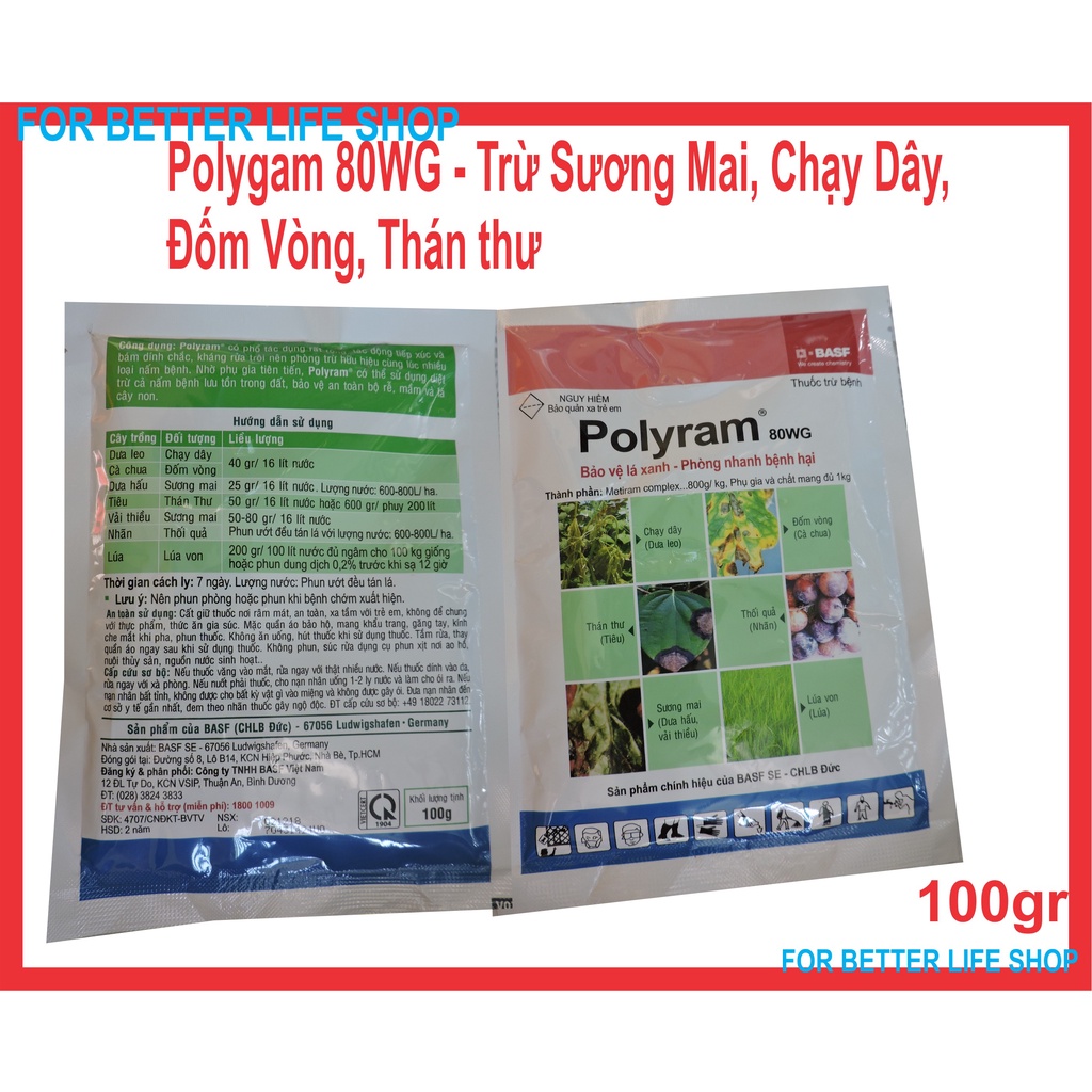 Polygam 80WG Trừ chạy dây, Đốm vòng, Thối quả, Thán Thư, sương mai gói 100gr