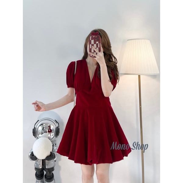 Đầm nhung tay bồng mút ngực dáng quả bí phồng xếp ly đẹp Ảnh thật/ sẵn