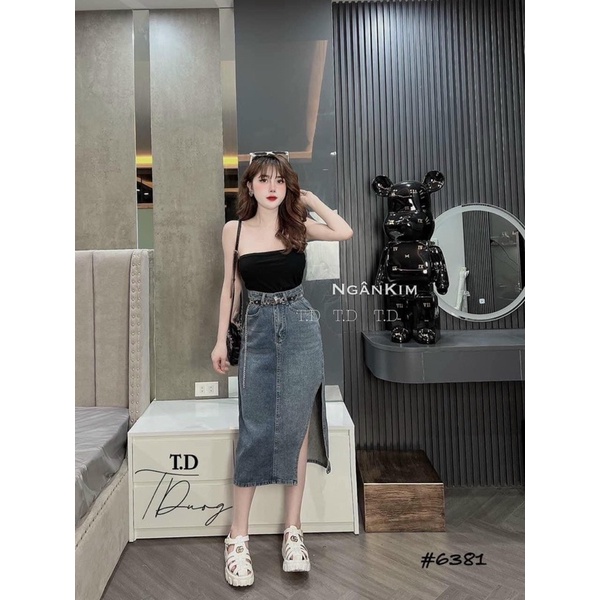 Chân váy jeans dáng dài kèm đai xích chất co dãn 4 chiều