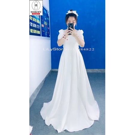 ĐẦM CƯỚI TAY PHỒNG KẾT HOA PHỐI NƠ full size S/M/L/XL ( ảnh và video do chủ shop tự quay 10000%)