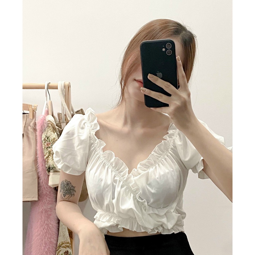 Áo kiểu croptop viền bèo đắp chéo dây dài cực hot , chất kate lụa mềm mịn