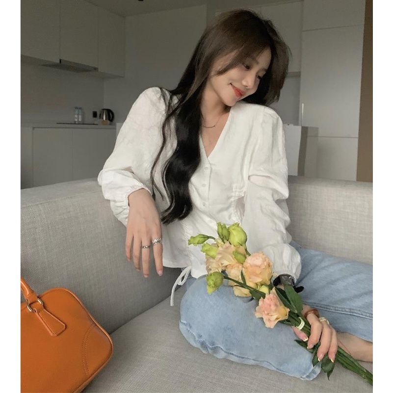 Áo Kiểu Tay Dài Cổ Chữ V Phối Dây Rút Phong Cách Chic Hàn Quốc 2022 Trẻ Trung