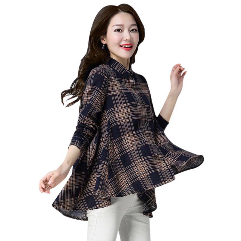 Áo sơ mi form rộng cổ bẻ họa tiết sọc ca rô thanh lịch và điệu đà cho nữ