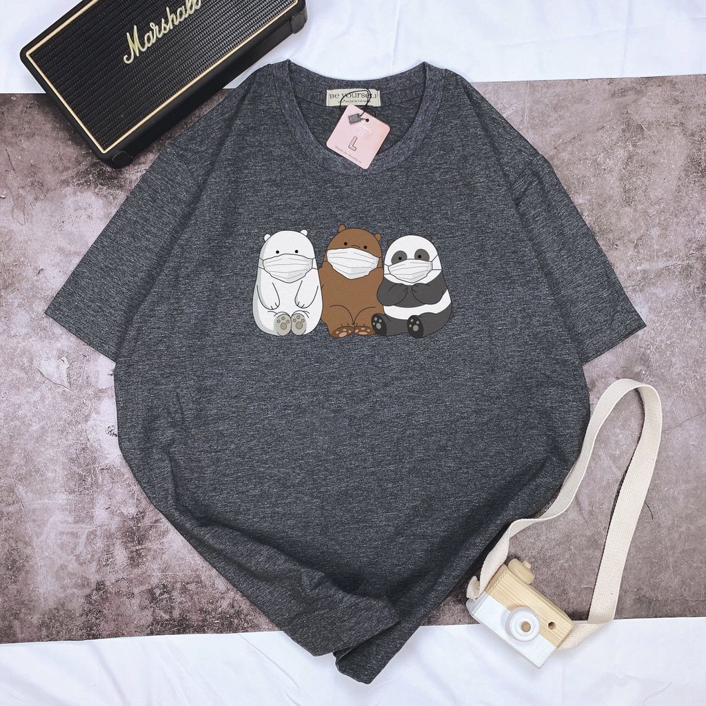 Áo thun tay ngắn Be Yourself unisex size M L XL - 3 CON GẤU ĐEO KHẨU TRANG