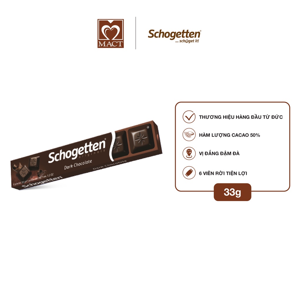 Sôcôla SCHOGETTEN - Vị Đắng Dark Chocolate - thanh 33g gồm 6 viên rời