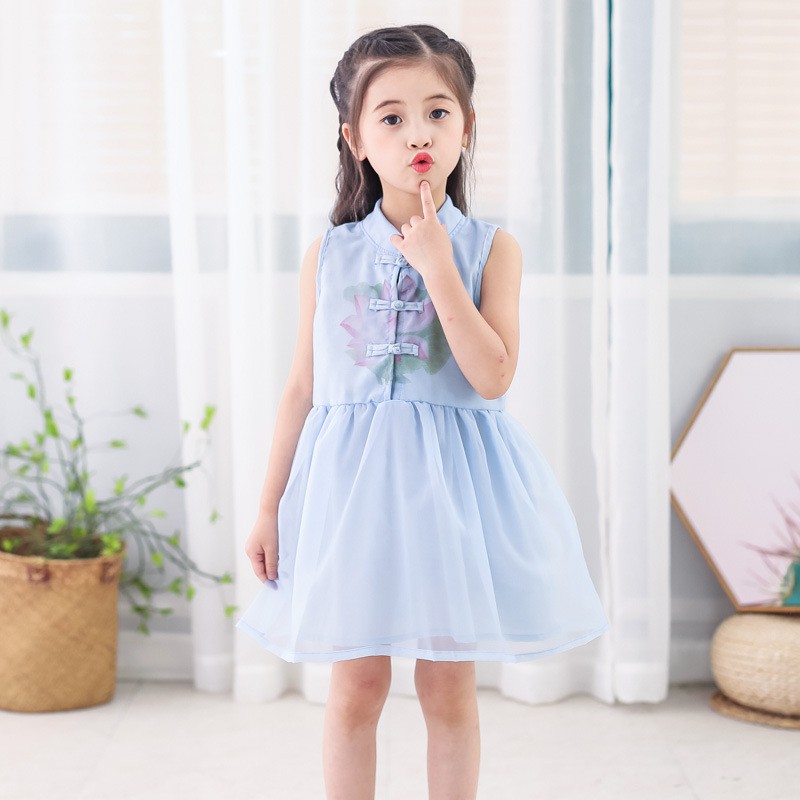 Sườn xám bé gái in hình hoa sen