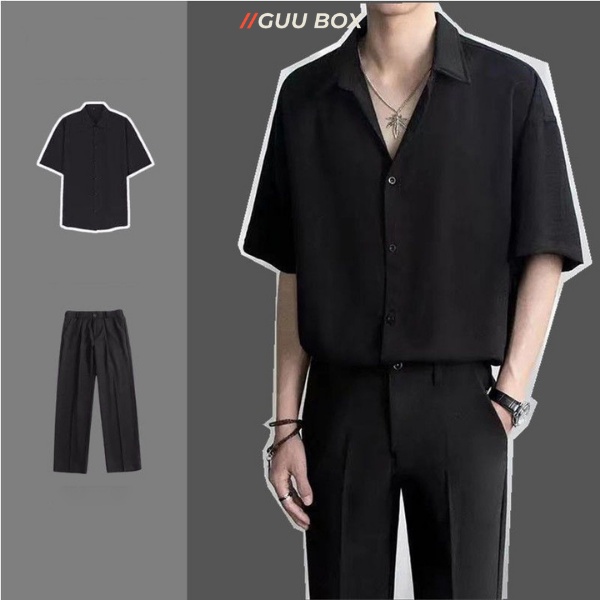 Áo sơ mi nam tay ngắn Guu Box cổ vẹt chất lụa co dãn form rộng Hàn Quốc QD04