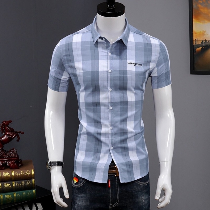 Áo sơ mi nam ngắn tay ❤️ áo sơ mi nam cộc tay họa tiết caro 3D phối chữ thêu trang Erina cao cấp