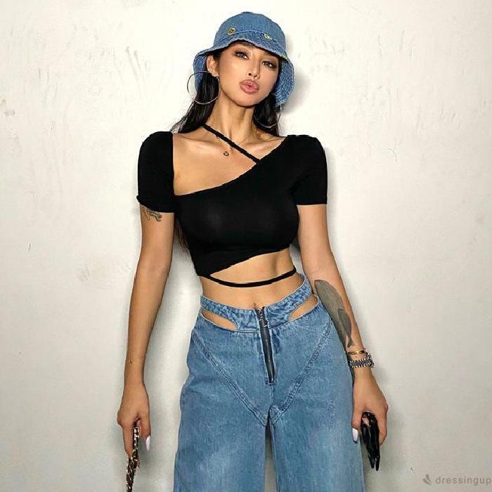 Áo Kiểu Tay Ngắn Màu Trơn Cổ Lệch Thời Trang Dành Cho Nữ