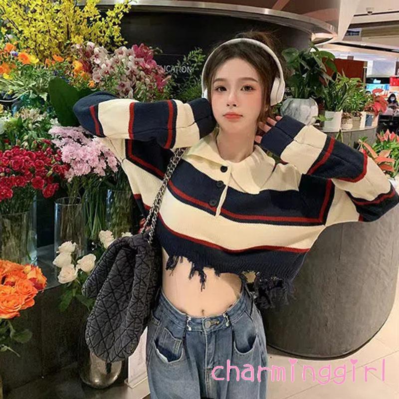 Áo Croptop Dệt Kim Tay Dài Cổ Tròn Màu Sắc Tương Phản Thời Trang Cho Nữ