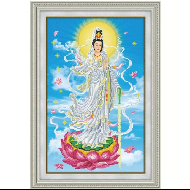 Tranh Thêu Chữ thập- Phật Bà Quan Âm Đứng Trên Hoa Sen