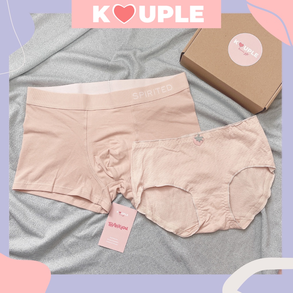 Quần lót đôi KOUPLE , quần lót nam nữ cute chất liệu cotton thun gân, thiết kế viền nhún, thêu quả dâu màu hồng