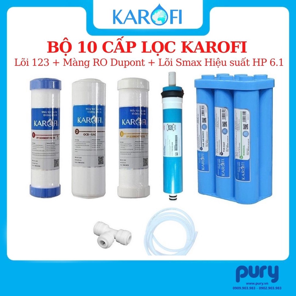 Combo 10 Lõi Lọc Đúc Nguyên Khối Karofi SMAX Hiệu Suất Cao HP 6.1, 6.2 Hydrogen - Lõi Chức năng - RO Dupont - Chính Hãng