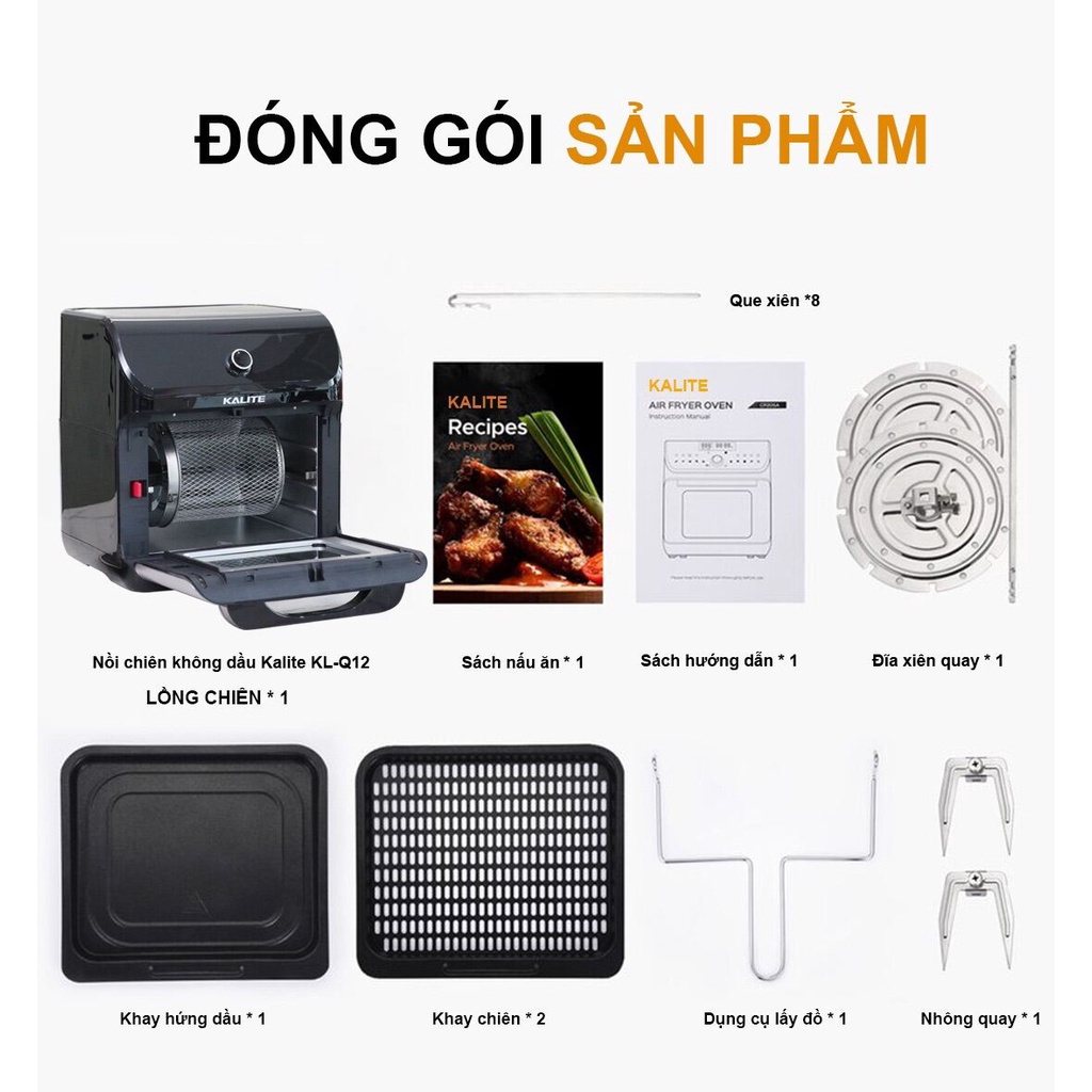 [Mã ELHADEV giảm 4% đơn 300K] Nồi chiên không dầu Kalite KL 1200 dung tích 12L công suất 1800W ướp gà nướng nguyên con