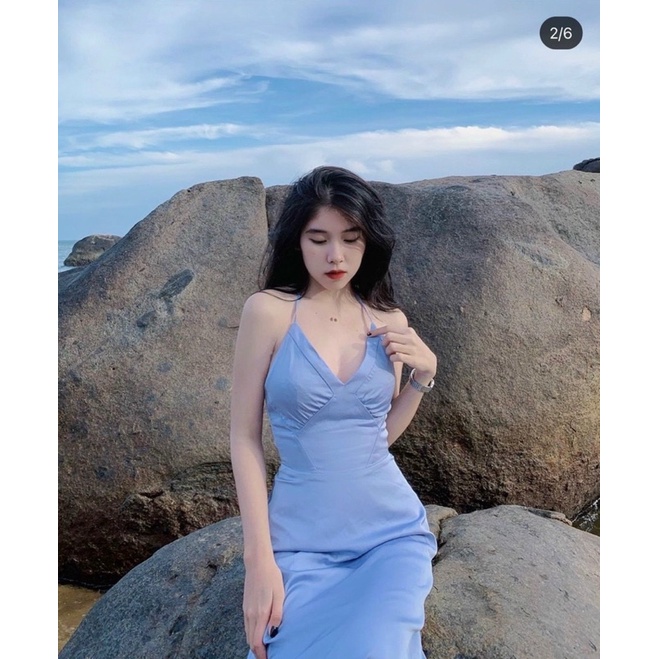 ĐẦM MIDI XANH CỔ V DÂY YẾM