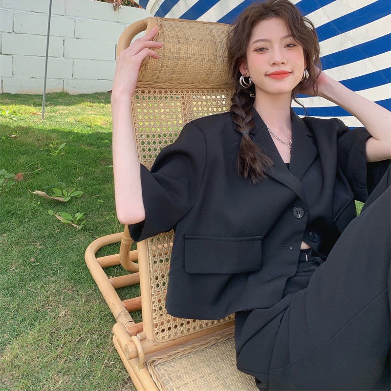 Áo khoác SUXI tay ngắn màu trơn dáng rộng phong cách Hàn Quốc dành cho nữ