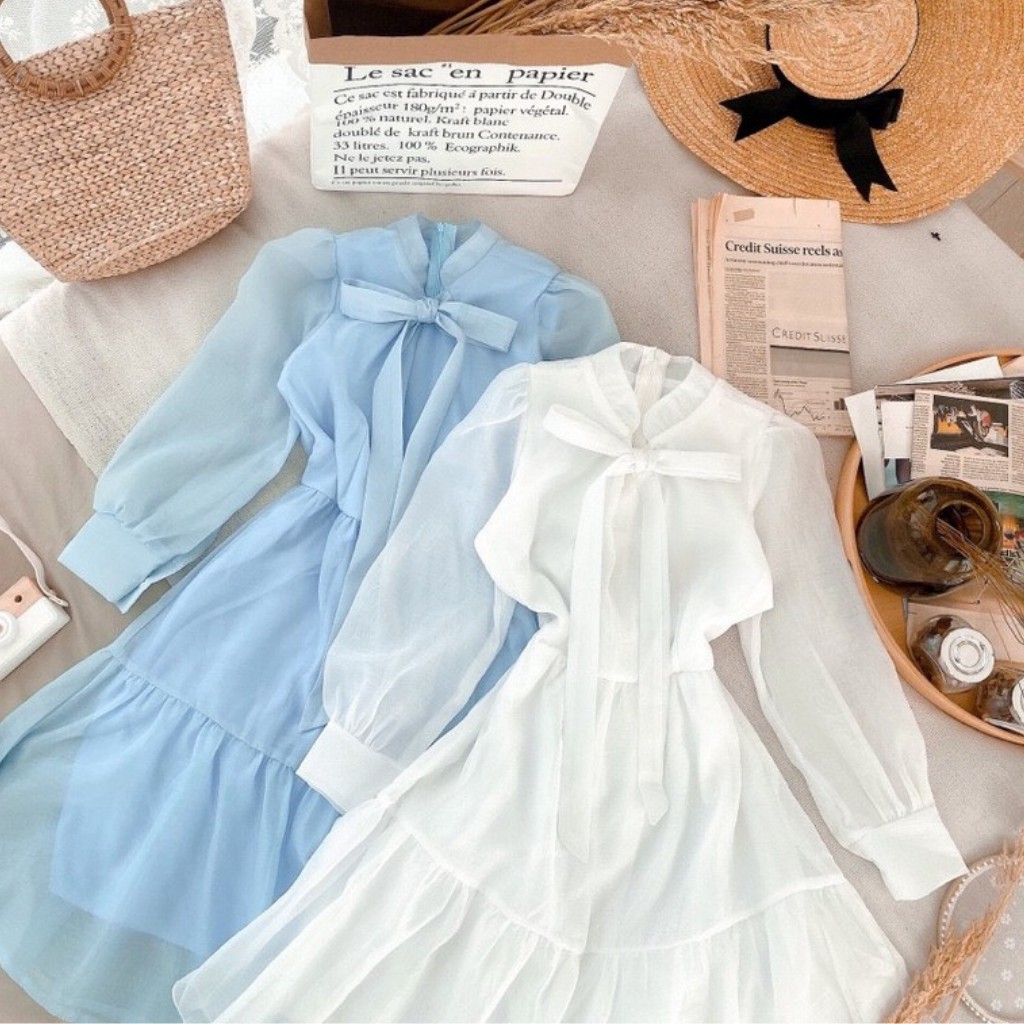 Đầm công sở trắng xanh nơ ngực tơ tầng xinh xắn | BigBuy360 - bigbuy360.vn