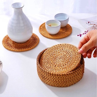 Bộ Lót Ly Mây Tre Đan, Gồm 6 Đĩa Phi 10 và 1 Khay Đựng
