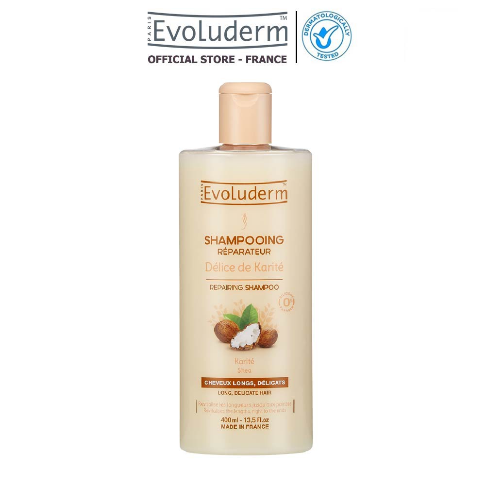 Dầu gội dành cho tóc dài và yếu dễ gãy rụng Evoluderm Shampoing Réparateur Délice de Karité 400ml