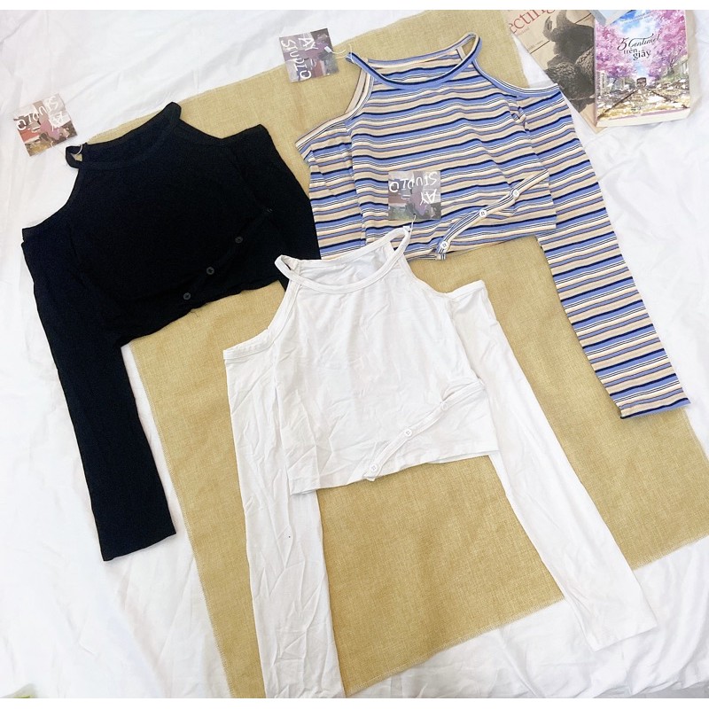 Áo croptop nữ cổ yếm hở vai cá tính áo thun dáng croptop ôm body sexy 2022