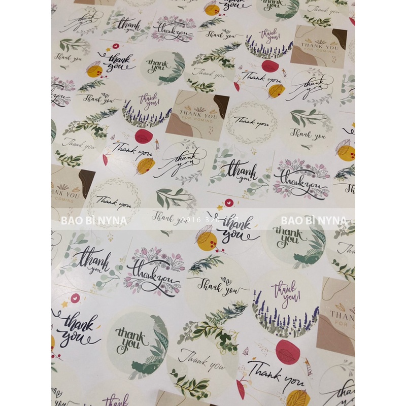 Tem dán cảm ơn "Thank you" 12 mẫu. 1 tờ A3, 60 tem 4cm