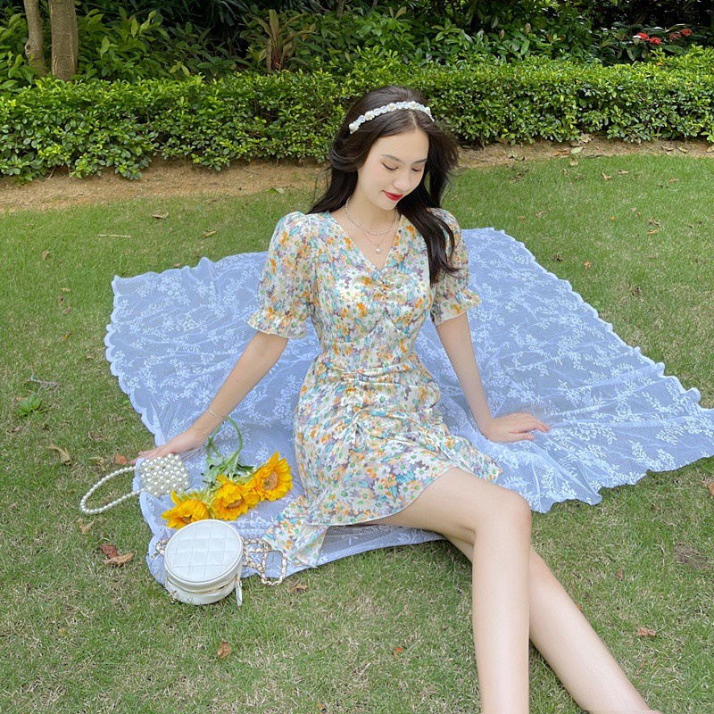 Đầm tay ngắn hoạ tiết hoa phong cách Hàn Quốc cho phái nữ