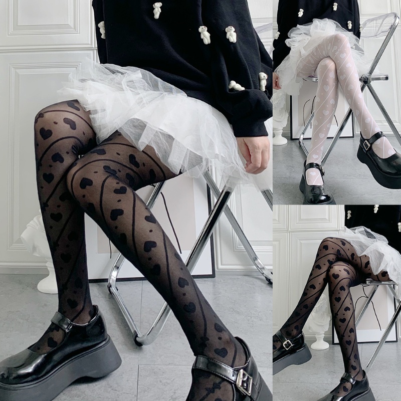 Quần Tất xiangbao Trong Suốt In Họa Tiết Trái Tim Kẻ Sọc Ngọt Ngào Phong Cách Lolita