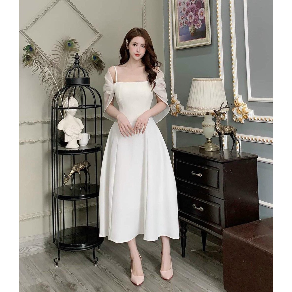 Đầm Váy Nữ Dạ Hội 2 Dây Chất Cotton Lạnh Phối Vạt Tay Voan  Thiết Kế Sang Chảnh Đi Làm Công Sở, Đi Tiệc
