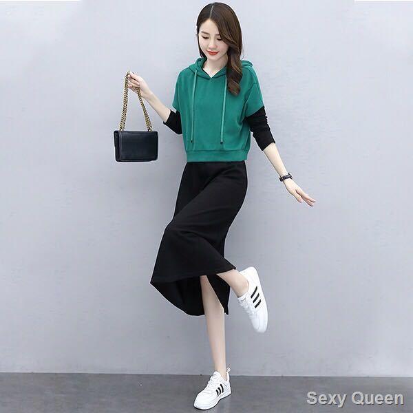 Set áo len dài tay cổ tròn + chân váy nhung thời trang nữ