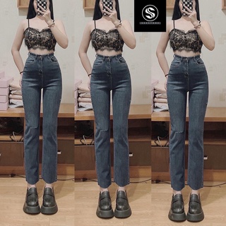 Quần jean nữ ống đứng, quần baggy jean co dãn lưng cao chất jean dày co dãn rách kiểu cực đẹp